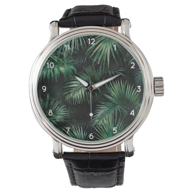 Trendy Elegant black green Tropical Palm Leaves    Watch (Front)