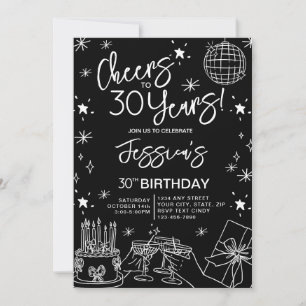 Trendy Elegant Black & White 30th Birthday Invitation