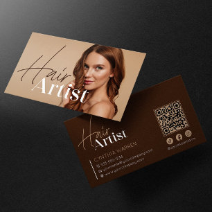 Trendy Elegant Brown Hairstylist Photo QR Code Business Card