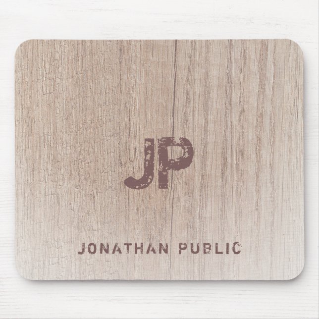 Trendy Elegant Distressed Text Monogram Wood Look Mouse Pad (Front)