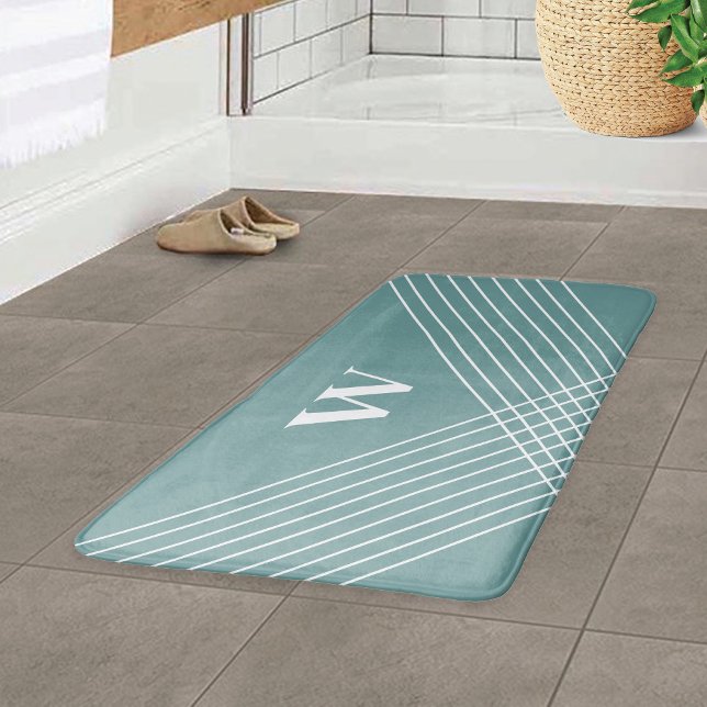 Trendy Elegant Geometric Monogram Ocean Blue Green Bath Mat (Creator Uploaded)