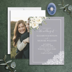 Trendy Elegant Gray Rustic Script Photo Wedding Invitation