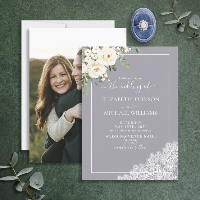 Trendy Elegant Gray Rustic Script Photo Wedding Invitation (Creator Uploaded)