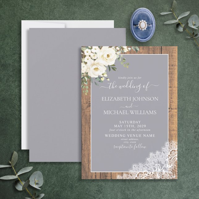 Trendy Elegant Gray Rustic Wood Script Wedding Inv Invitation (Creator Uploaded)