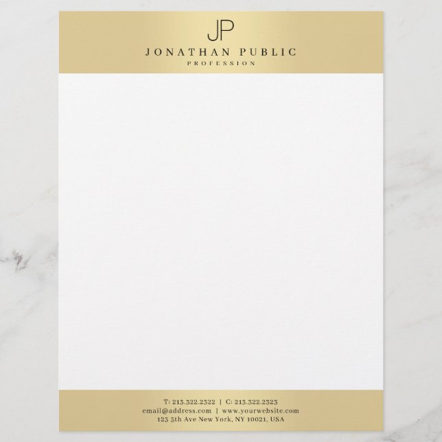 Trendy Elegant Monogram Modern Glamour Faux Gold Custom Letterhead (Front)