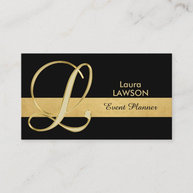 Trendy Elegant Monogrammed Gold Black Initial 'L' Business Card (Front)
