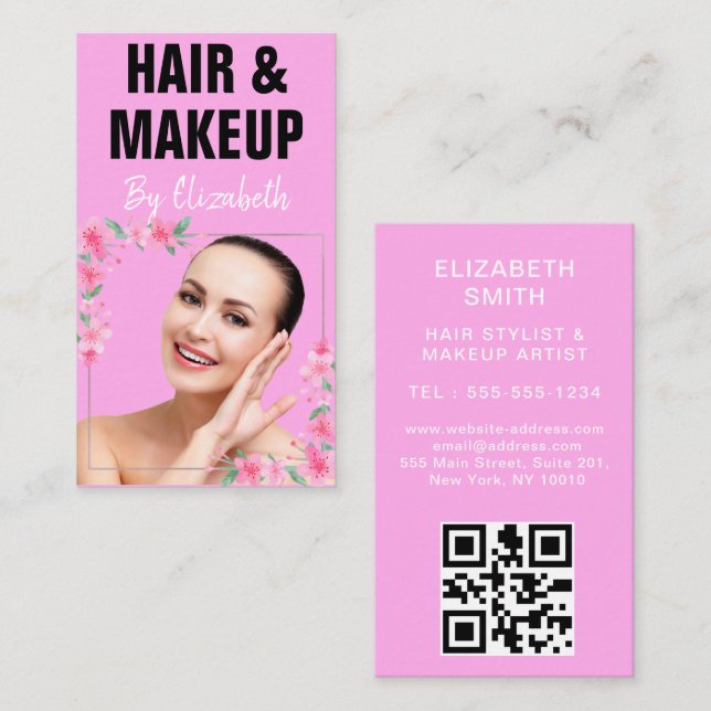 Trendy Elegant Pink Hairstylist Photo qr code Business Card (Front/Back)