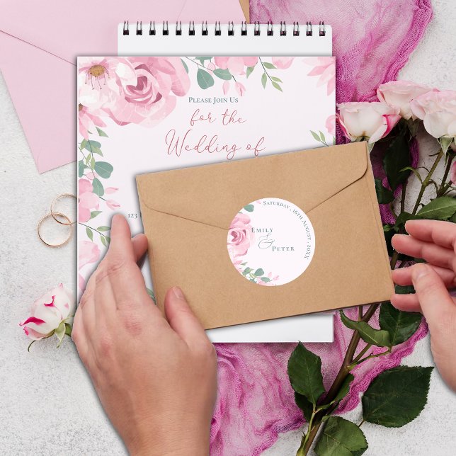 Trendy Elegant Pretty Blush Pink Florals Wedding Classic Round Sticker (Trendy Elegant Pretty Blush Pink Florals Wedding Classic Round Sticker)