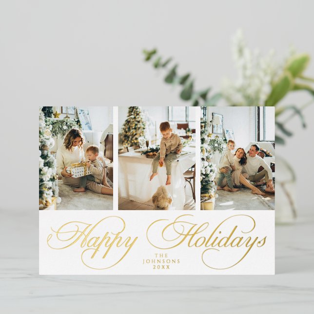 Trendy Elegant Script 3 Photo Collage Christmas (Standing Front)