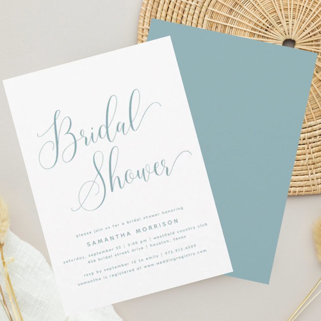 Trendy Elegant Script Dusty Blue Bridal Shower Invitation (Creator Uploaded)