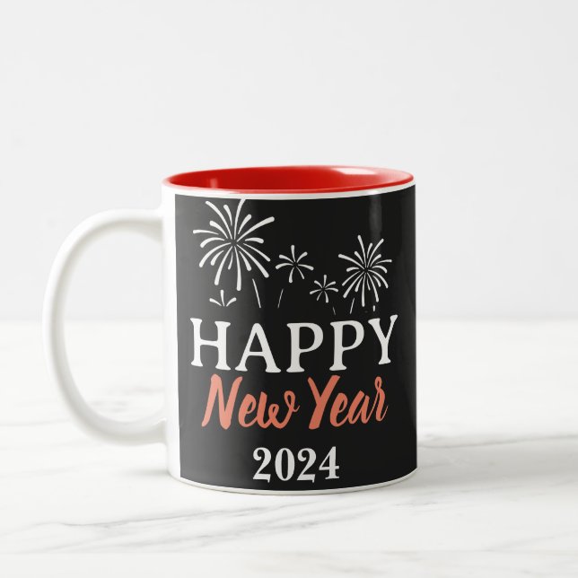 Trendy Elegant Script Happy New Year  Two-Tone Coffee Mug (Left)