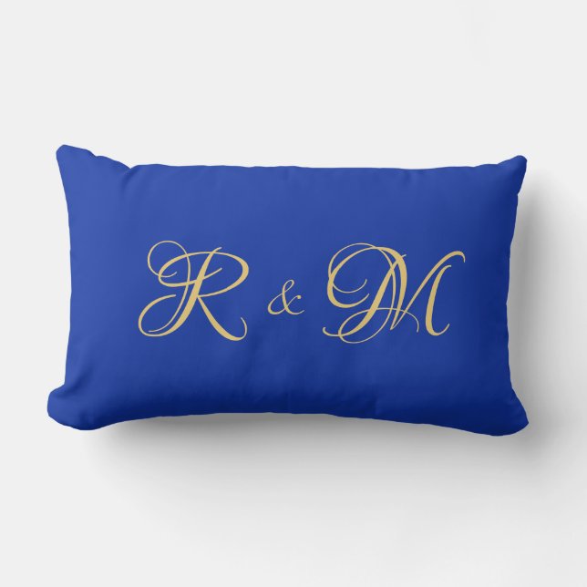 Trendy Elegant Solid Royal Blue Couple Initials Lumbar Cushion (Front)