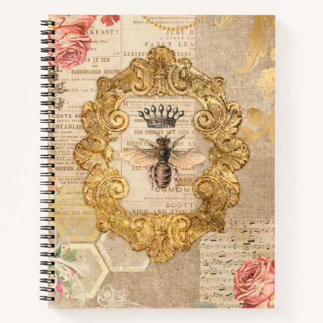 Trendy Elegant Vintage Collage Queen Bee Notebook (Front)