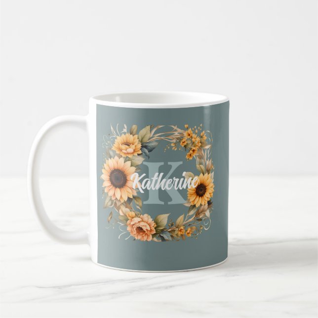 Trendy Elegant Watercolor Flowers Monogram Coffee Mug (Left)
