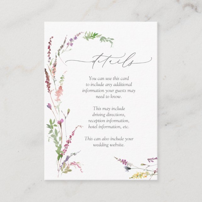 Trendy Elegant Wildflower Floral Wedding Details Enclosure Card (Front)