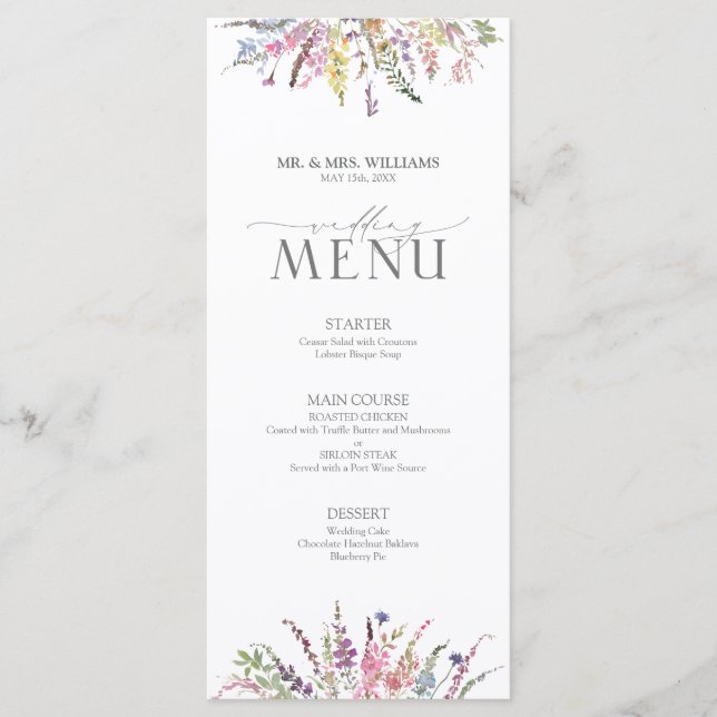 Trendy Elegant Wildflower Floral Wedding Menu (Front)