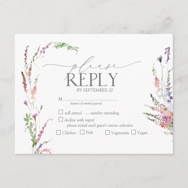 Trendy Elegant Wildflower Floral Wedding RSVP Invitation Postcard (Front)