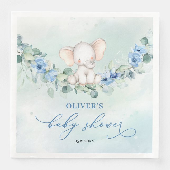 Trendy elephant blue floral eucalyptus boy baby napkin (Front)