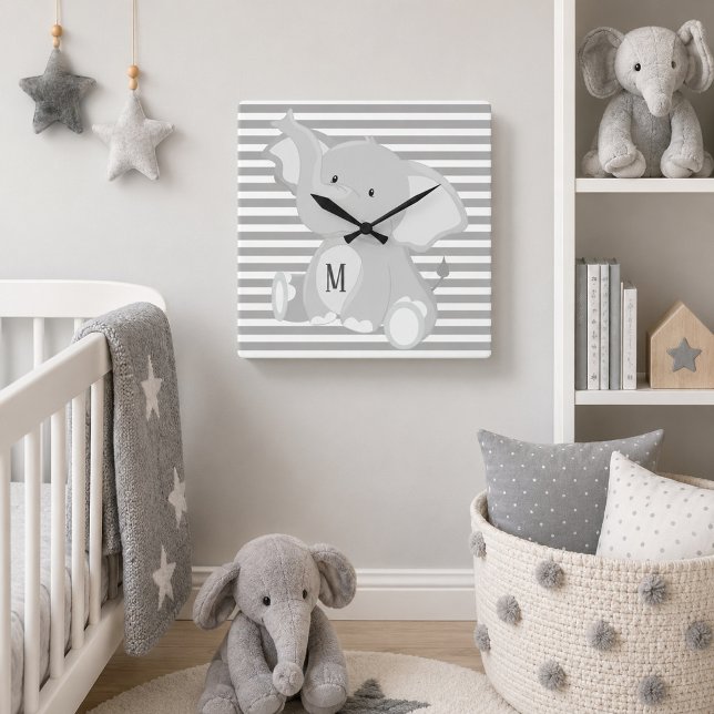 Trendy Elephant Monogram grey and white stripes Square Wall Clock (Creator Uploaded)