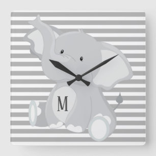Trendy Elephant Monogram grey and white stripes Square Wall Clock
