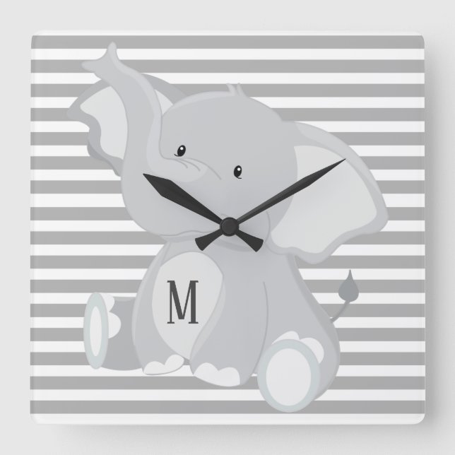 Trendy Elephant Monogram grey and white stripes Square Wall Clock (Front)