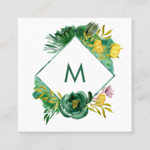 Trendy Emerald Green and Gold Peonies Square Business Card