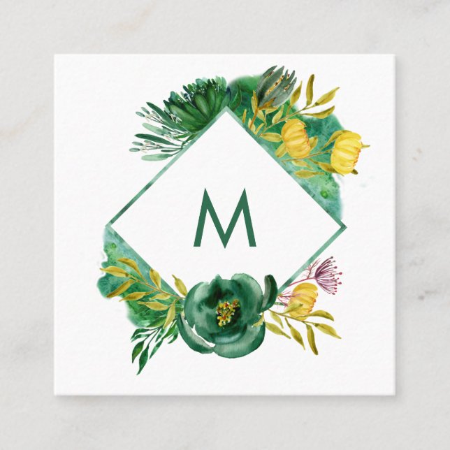 Trendy Emerald Green and Gold Peonies Square Business Card (Front)