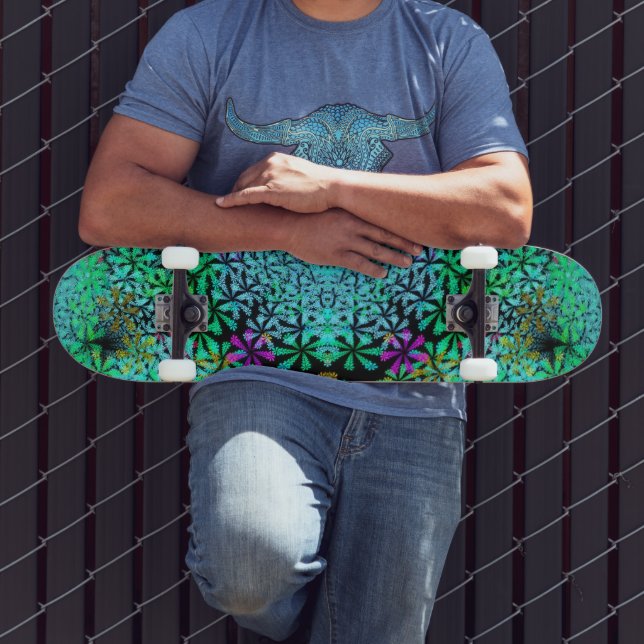 Trendy Emerald Green Fractal on Black Skateboard (Outdoor 3)