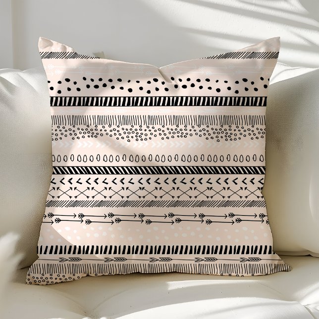 Trendy Ethnic Tribal Boho Blush Pink Black Pattern Cushion (Creator Uploaded)