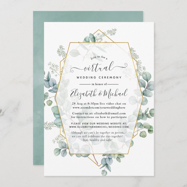 Trendy Eucalyptus Geometric Online Virtual Wedding Invitation (Front/Back)