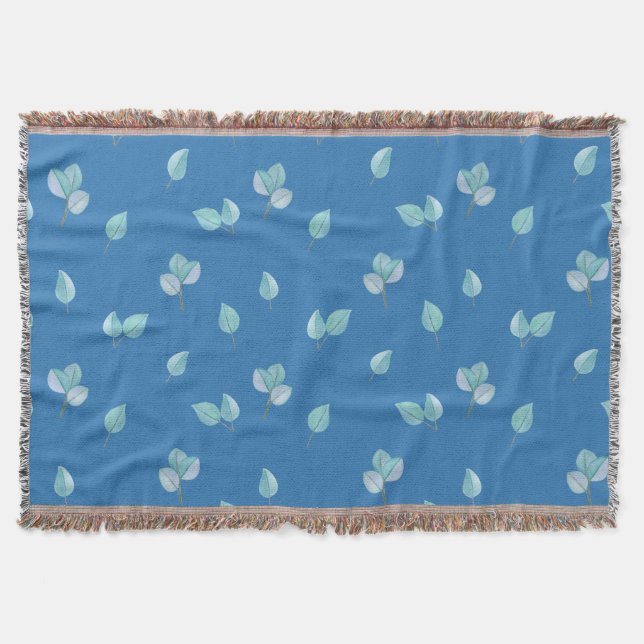Trendy Eucalyptus Leaves On French Blue  Throw Blanket (Front)