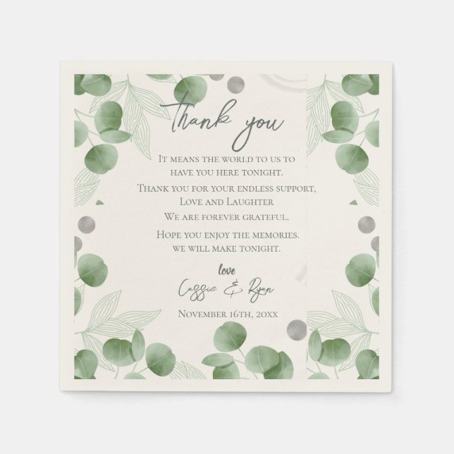 Trendy Eucalyptus Leaves Wedding Thank you Message Napkin (Front)
