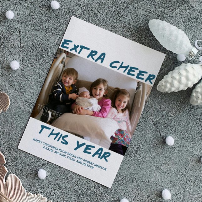 Trendy Extra Cheer This Year Photo Card | Blue (Blue Trendy Extra Cheer This Year Holiday Photo Card)