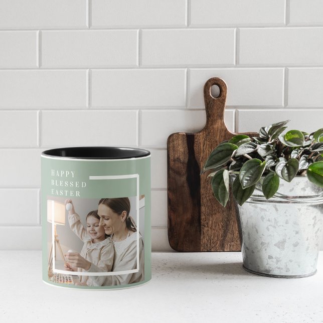 Trendy Family Photo | Green Happy Blessed Easter  Mug (Creator Uploaded)