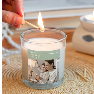 Trendy Family Photo   Green Happy Blessed Easter  Square Sticker