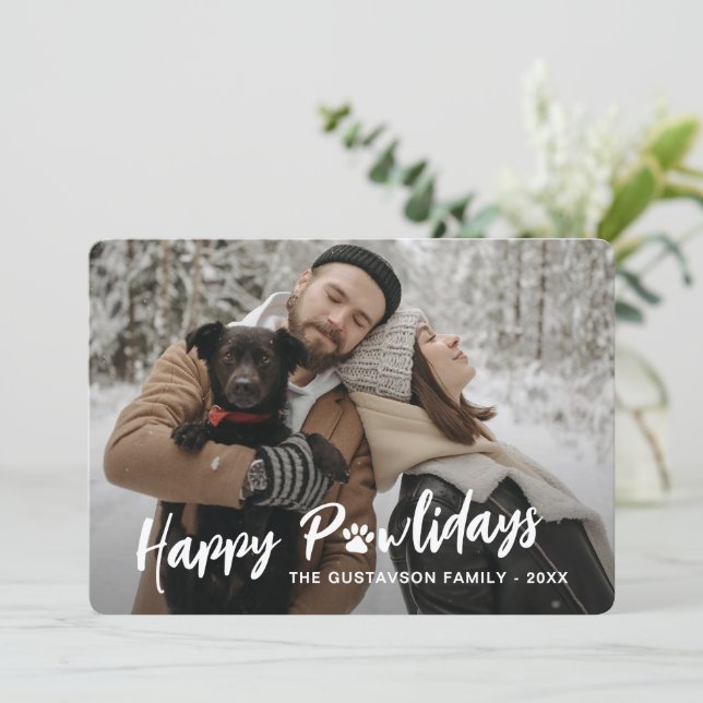 Trendy Family Photograph with Pet Paw Print Holiday Card (Standing Front)