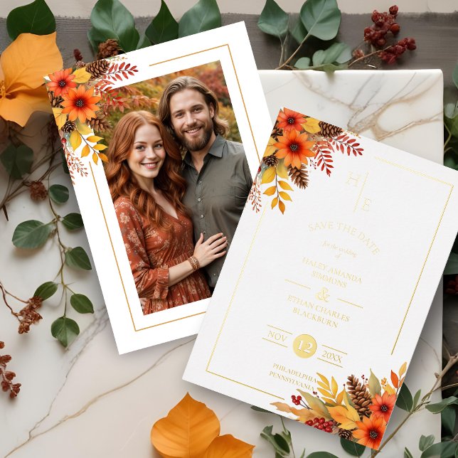 Trendy Fancy Initials Floral Fall Bouquets (Exquisite Trendy Fancy Initials Floral Fall Bouquets Foil Invitations Cards.)