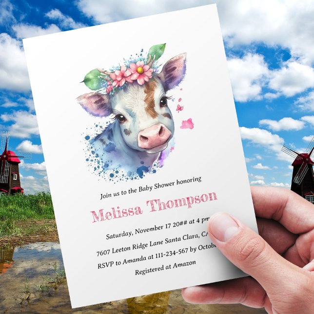 Trendy Farm Animal Cow Flowers Floral Baby Shower Invitation (Creator Uploaded)