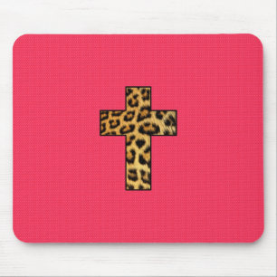 Trendy Fashion Cheetah Print Cross on Pink Neon Mouse Pad