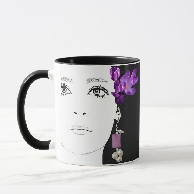 Trendy fashion illustration floral purple black  mug (Left)