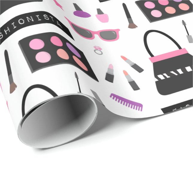Trendy Fashion Makeup Pattern Girls Wrapping Paper (Roll Corner)