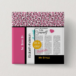 Trendy Fashion Newsprint Pink Leopard and Name 15 Cm Square Badge