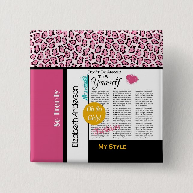 Trendy Fashion Newsprint Pink Leopard and Name 15 Cm Square Badge (Front)