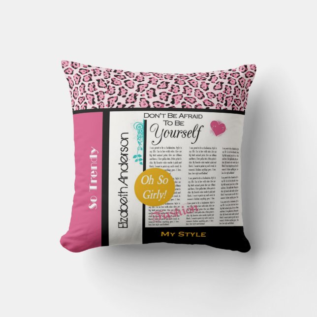 Trendy Fashion Newsprint Pink Leopard and Name Cushion (Front)