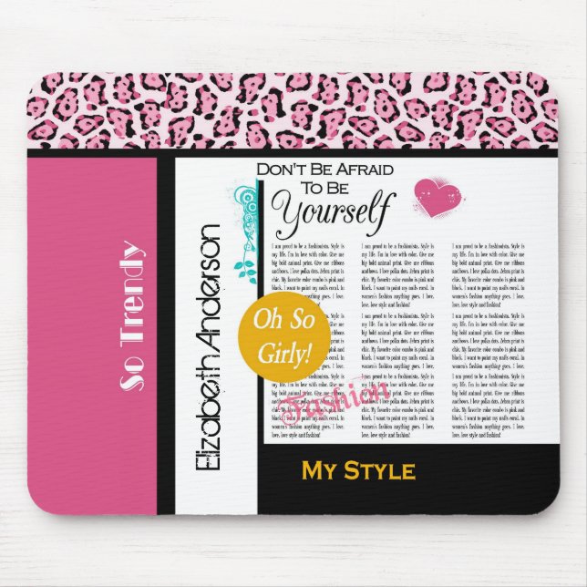 Trendy Fashion Newsprint Pink Leopard and Name Mouse Pad (Front)