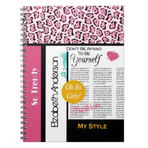 Trendy Fashion Newsprint Pink Leopard and Name Notebook