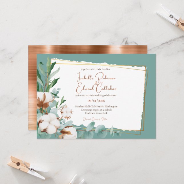 Trendy Faux Copper Foil Cotton Buds Teal Wedding Invitation (Front/Back In Situ)