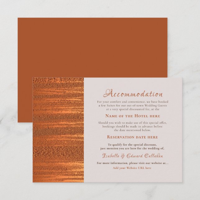 Trendy Faux Copper Metallic Foil Accommodation Enclosure Card (Front/Back)