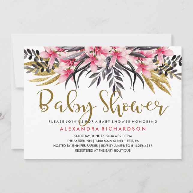 Trendy Faux Gold Glitter Floral Baby Shower Invitation (Front)