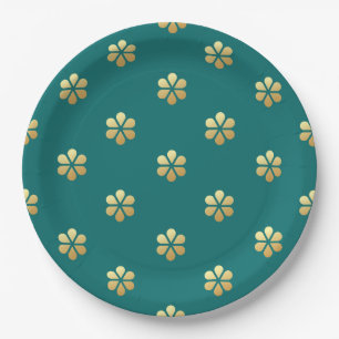 Trendy Festive Christmas Teal & Gold Daisy Paper Plate